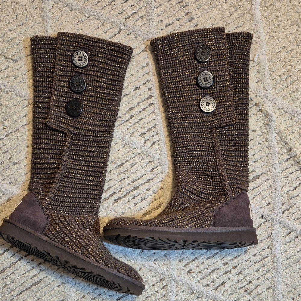 ~UGG Australia~BROWN‎ 3 BUTTON KNIT~CLASSIC~BOOTS SIZE US 7 Metallic Gold